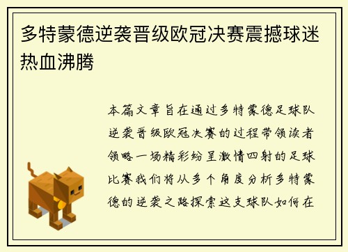 多特蒙德逆袭晋级欧冠决赛震撼球迷热血沸腾