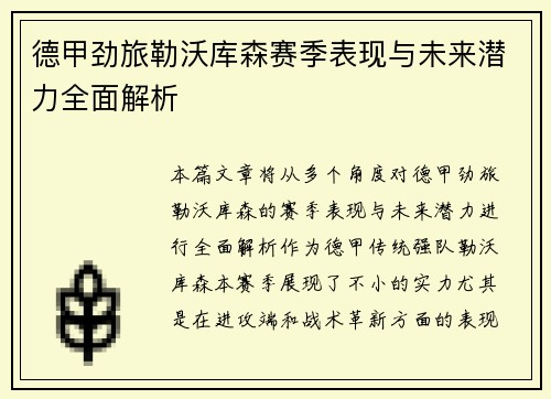 德甲劲旅勒沃库森赛季表现与未来潜力全面解析